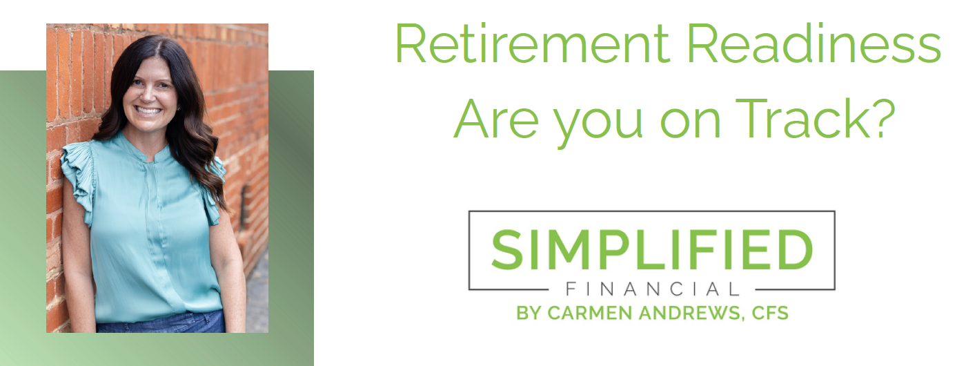 Promotional banner: smiling woman by a brick wall on the left, green gradients, and the text 'Retirement Readiness Are you on Track?' with the Simplified Financial logo.